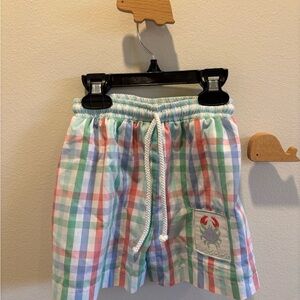 Shrimp & Grits Plaid Kids Swim Trunks with Crab Patch